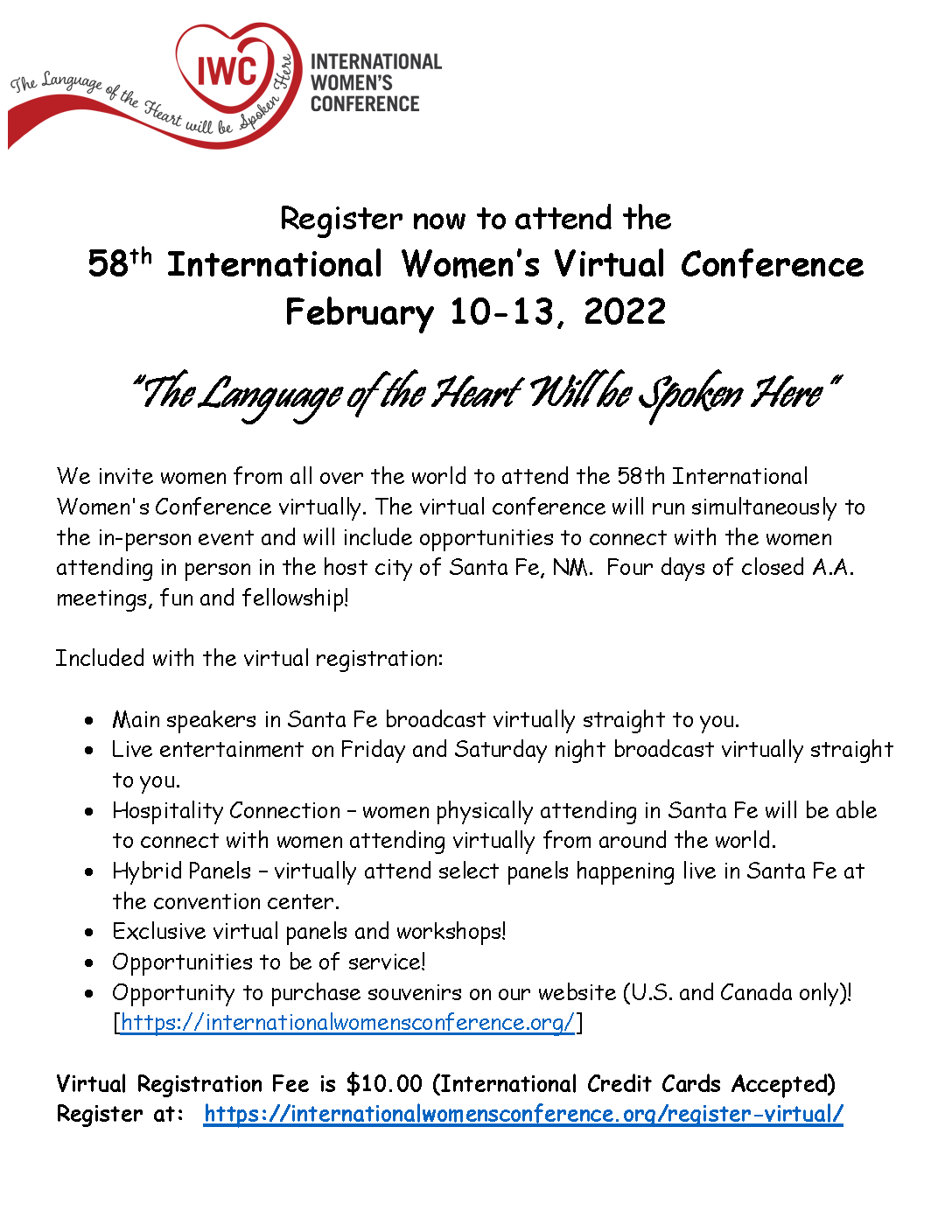 UPDATE: February 10-13: 58th International Women’s Conference – Some In-Person Spots Available!