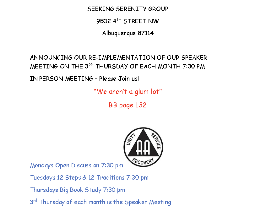 July 21: Seeking Serenity Group Re-Establishes Monthly Speaker Meeting