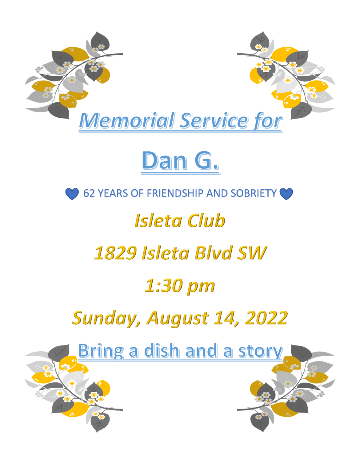 Dan G. Memorial Service Flyer