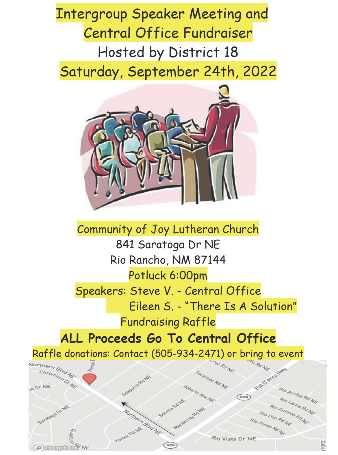 Intergroup Speaker Meeting and Central Office Fundraiser Flyer
