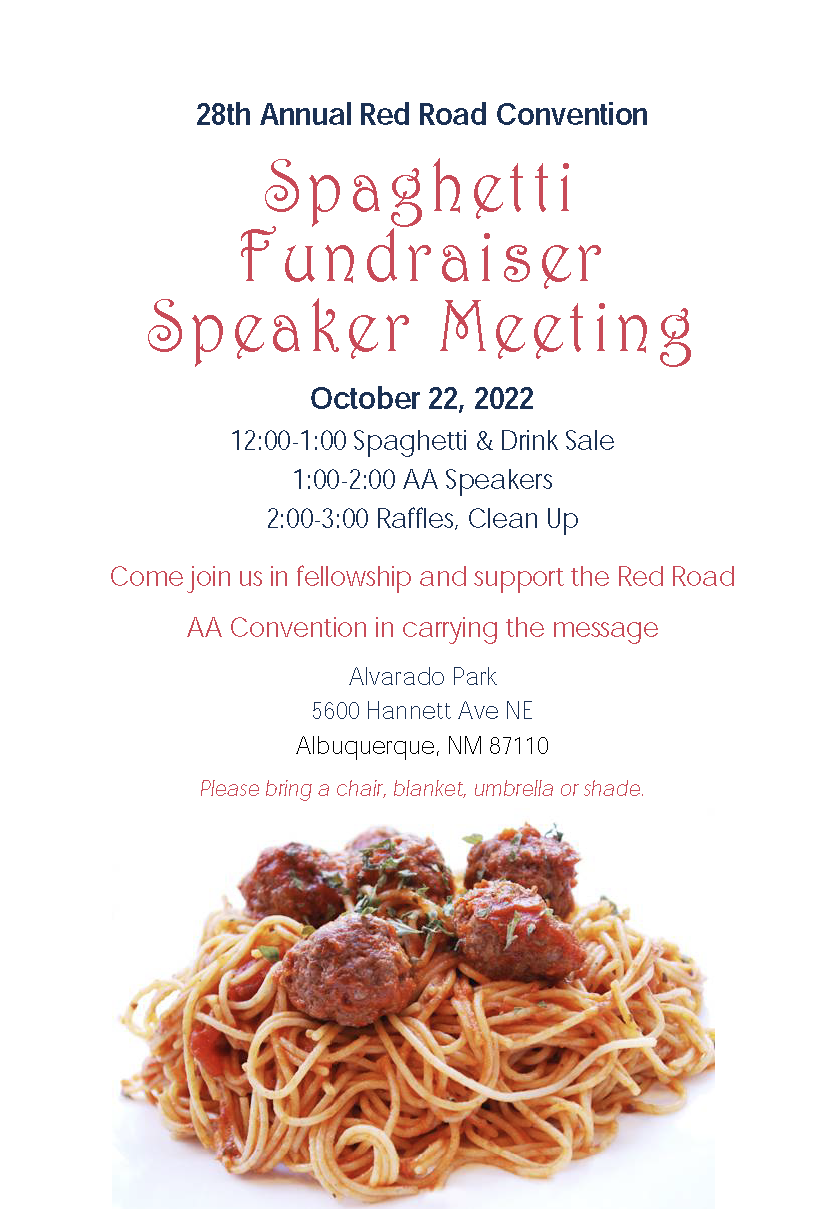 28th Annual Red Road Convention Spaghetti Fundraiser Speaker Meeting Flyer