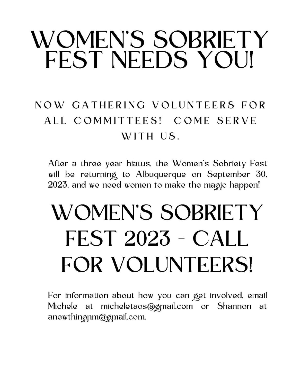 Women’s Sobriety Fest 2023 – Call For Volunteers