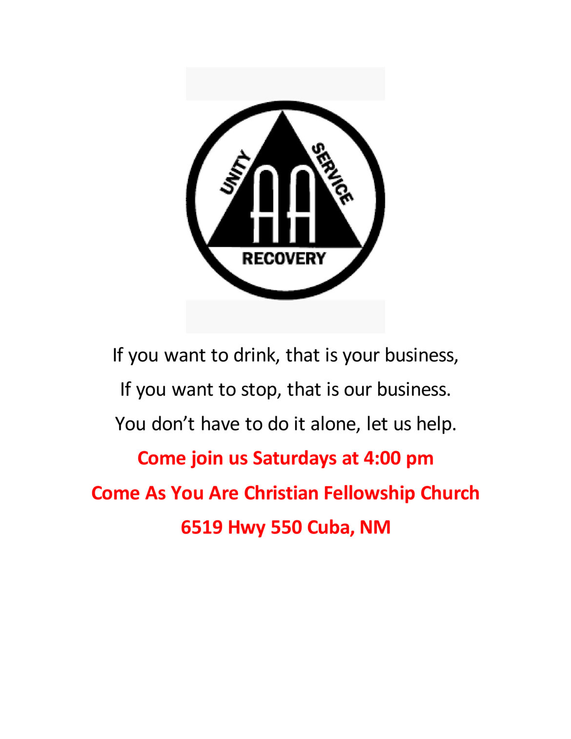 AA Fellowship – Come Join Us, Saturdays at 4:00 pm, Cuba, NM